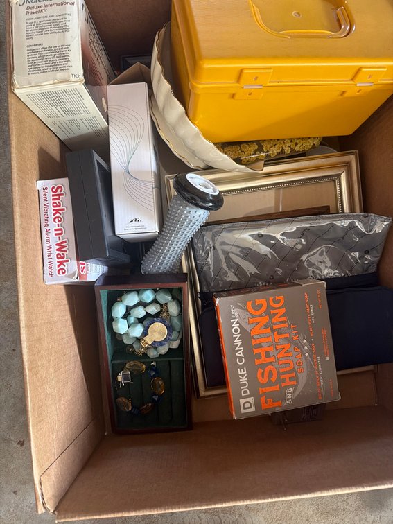 Box Lot: Jewelry, Shake-n-Wake Watch, Duke Cannon Soap, Frames, Yellow Tool Box