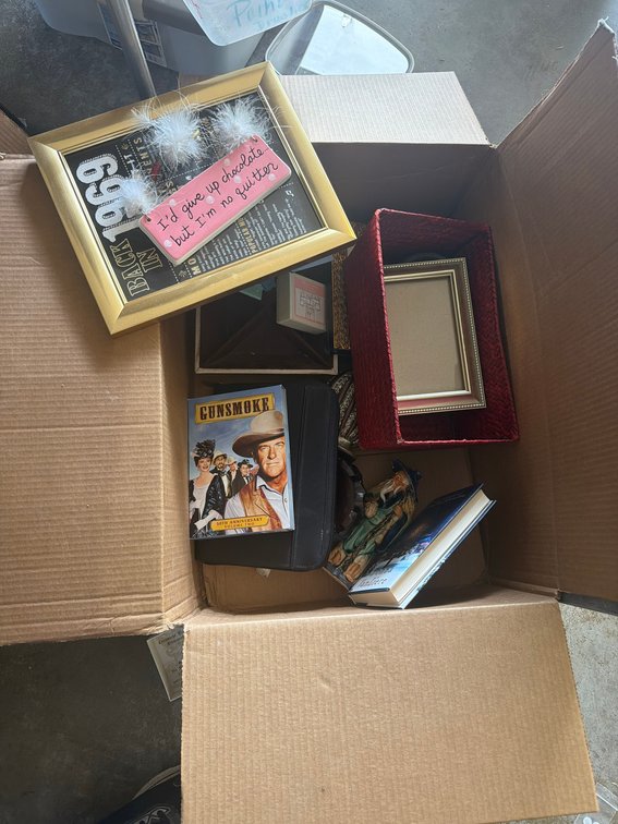 Box Lot Frames, Gunsmoke DVD, Figurine, Art Prints, Basket, Book