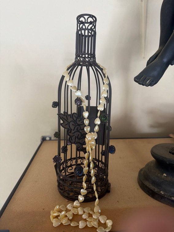 Cast-Iron Decorative Bottle-Shaped Cage with Cream Shell Necklace