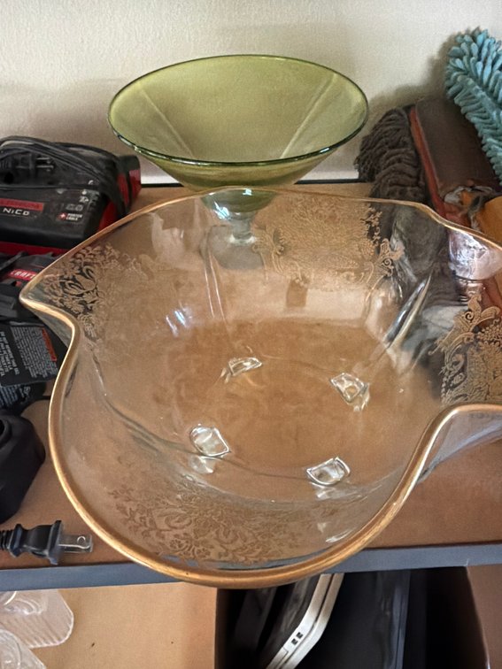 Decorative Glass Console Bowl With Gold Gilt Rim and Green Pedestal Compote Dish