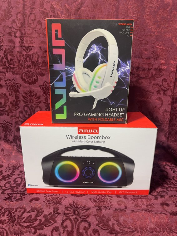 Aiwa Wireless Boombox with Multi-Color Lighting and LVLUP Light Up Gaming Headset