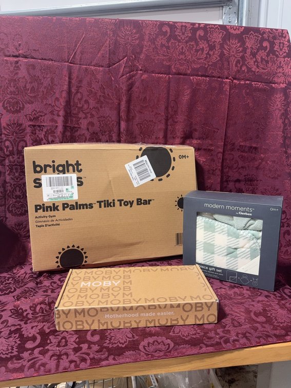 Bright Starts Pink Palms Toy Bar, Gerber Gift Set, Moby Wrap Baby Carrier