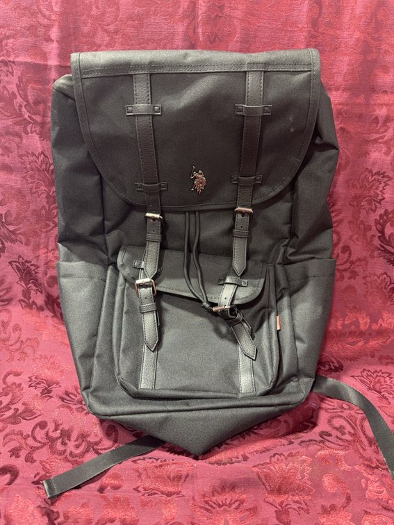 U.S. Polo Assn. Black Canvas Backpack with Buckle Flap and Drawstring Closure