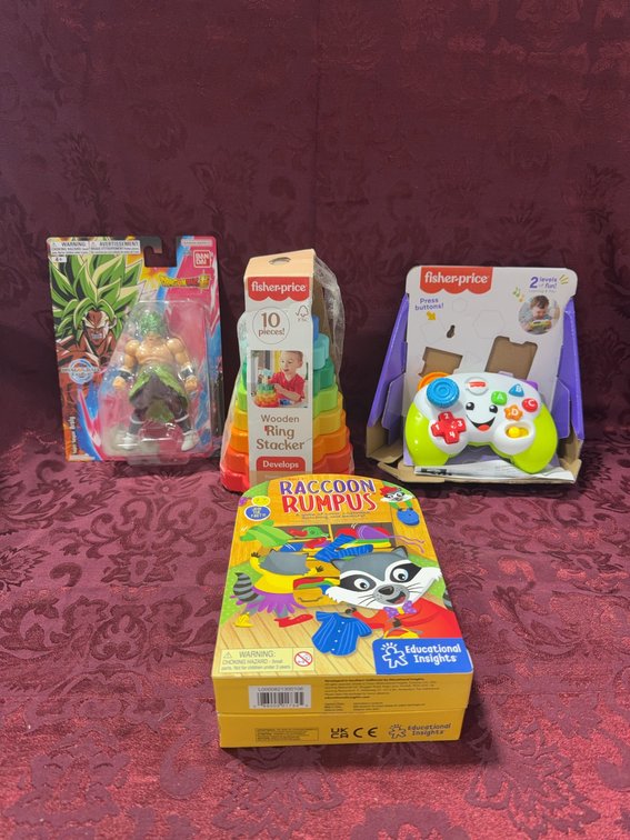 Toys Lot: Dragon Ball Broly Figure, Fisher-Price, Raccoon Rumpus Game