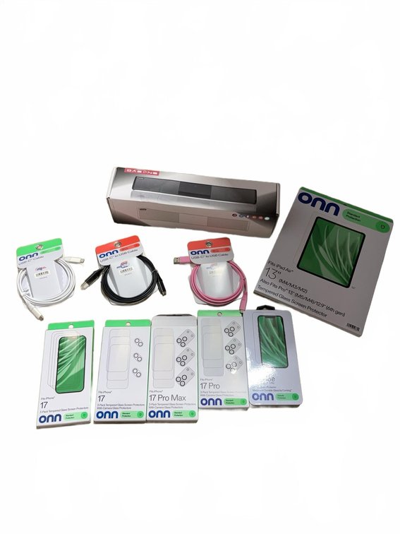 Lot: ONN iPad Pro/Air 13" Screen Protector, iPhone 14/15 Pro Cases, USB Cables & Bar Speaker