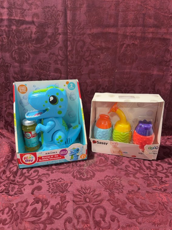 Play Day Bubble Dinosaur and Sassy Easy Squeeze STEM Bath Toys, New in Box