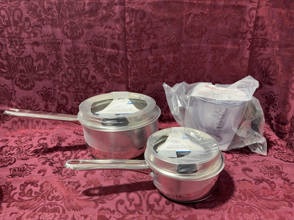 Mainstays Stainless Steel Saucepans & KitchenAid 3-Pc Measuring Cup Set