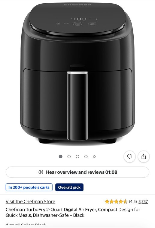 Chefman TurboFry 2-Quart Digital Air Fryer, Black, Open Box
