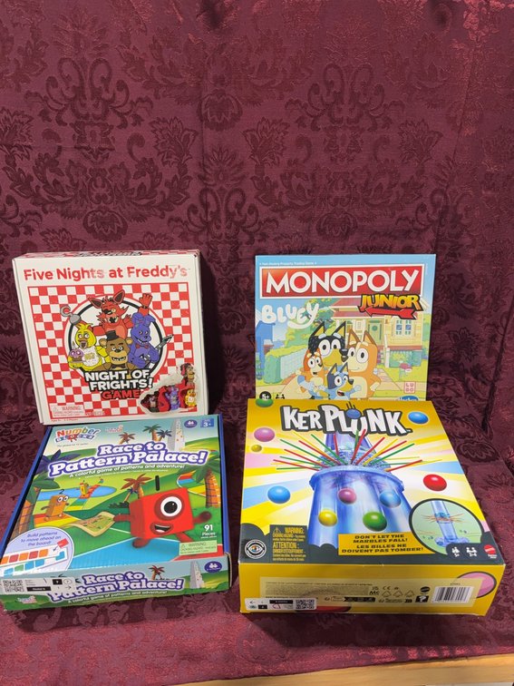 4 Board Games: Five Nights at Freddy's, Monopoly Junior Bluey, Kerplunk, Pattern Palace