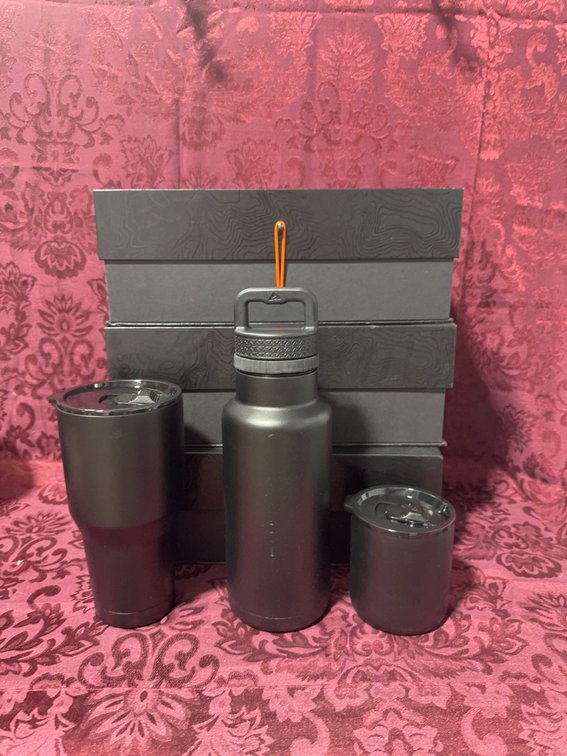 Ozark Trail Black Vacuum Insulated Drinkware Set, 3 Pieces with Lids and Boxes