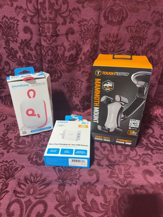 ToughTested Mammoth Mount, Anker Charger, Soundcore Select 4 Go Speaker, 3 New Items