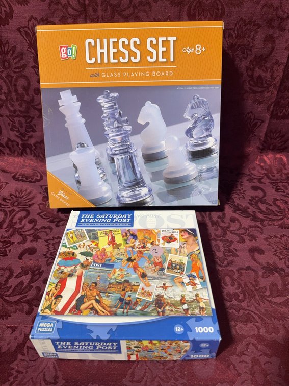 Go! Glass Chess Set And Mega Puzzles 1000-Piece Saturday Evening Post Puzzle
