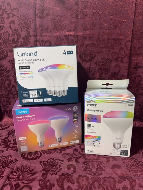 7 Wi-Fi Smart BR30 LED Light Bulbs Linkind, Govee, Feit RGBWW Packs