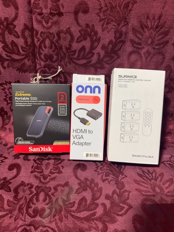 SanDisk Extreme 2TB Portable SSD, Onn HDMI to VGA Adapter, Surnice Remote Socket Set