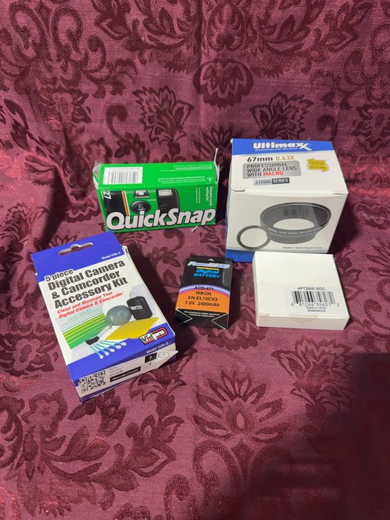 Digital Camera Accessories Lot: QuickSnap Camera, Macro Lens, Battery, Vivitar Adapter