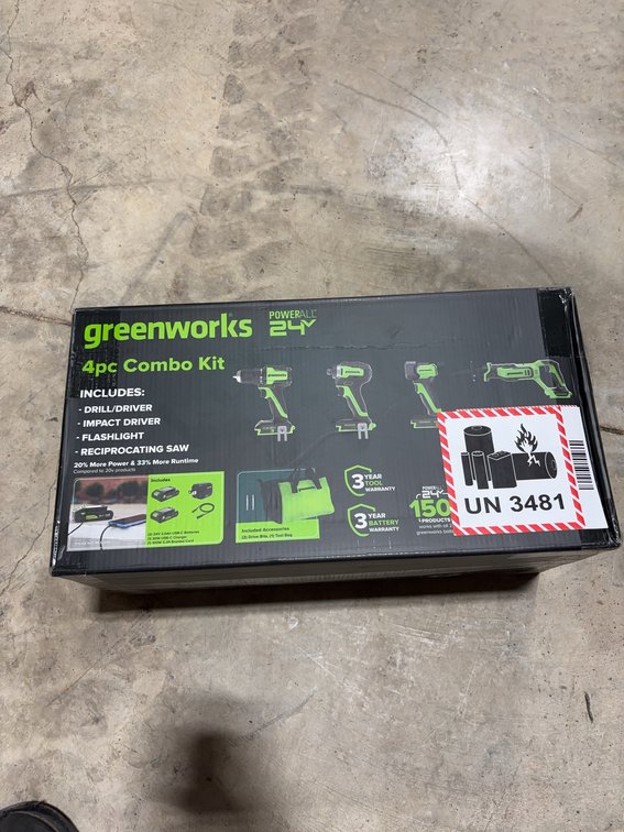 Greenworks 24V 4pc Combo Kit Drill/Driver, Impact Driver, Flashlight, Saw New