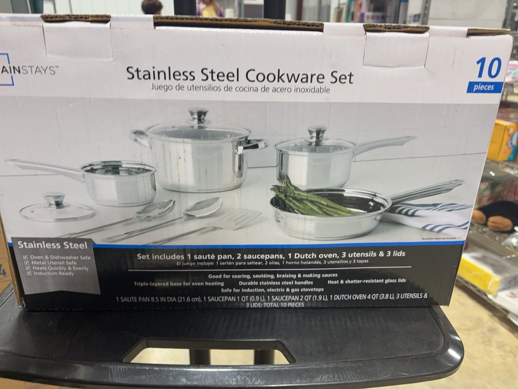 Mainstays 10-Piece Stainless Steel Cookware Set with Glass Lids and Utensils