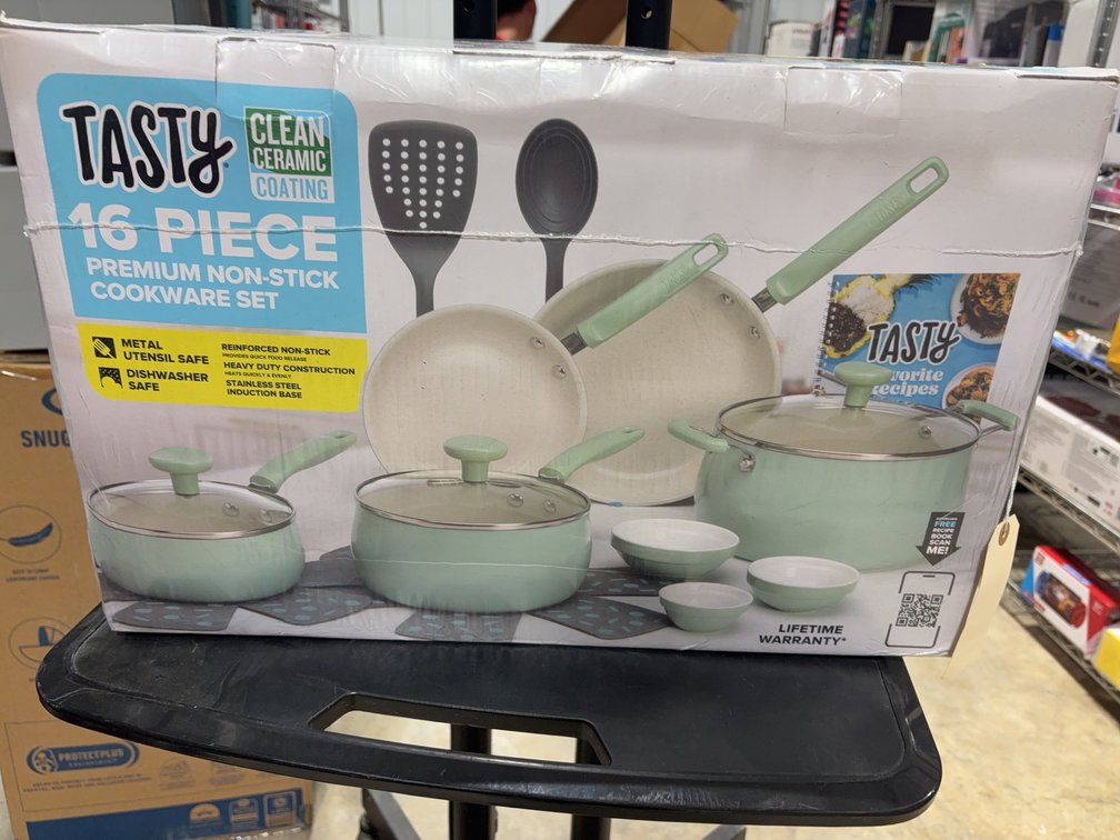 Tasty 16-Piece Premium Non-Stick Ceramic Cookware Set, Sage, With Utensils