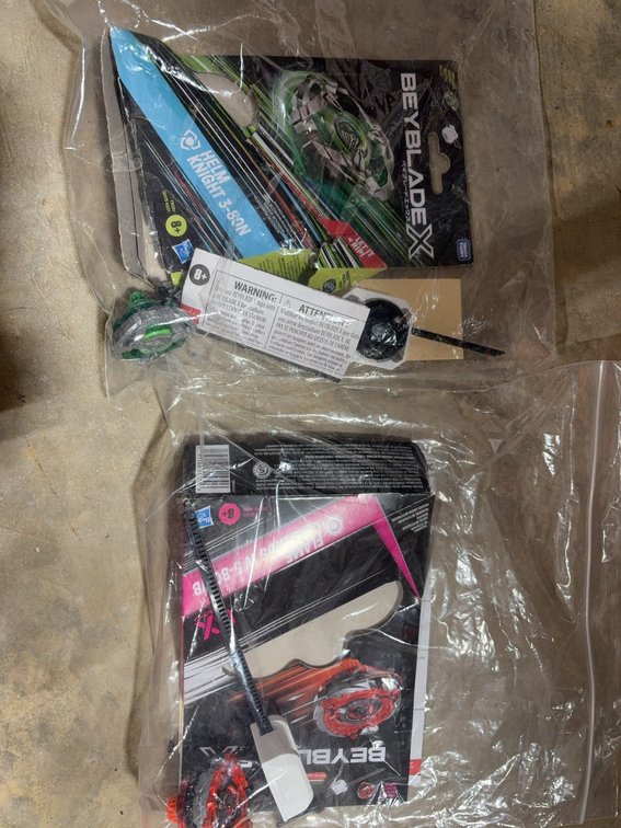 2 Beyblade X Tops: Helm Knight 3-80N & Flame Cerberus 5-60WB with Launchers