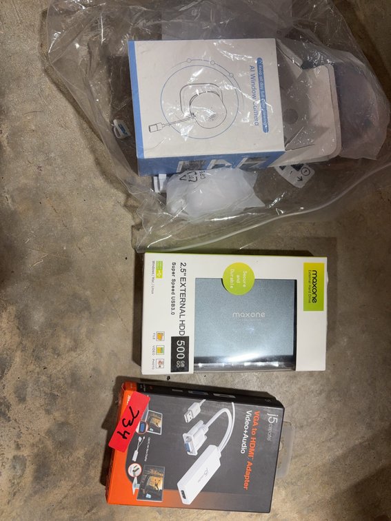 Electronics Lot: AI Window Camera, Maxone 500GB HDD, j5create VGA to HDMI Adapter
