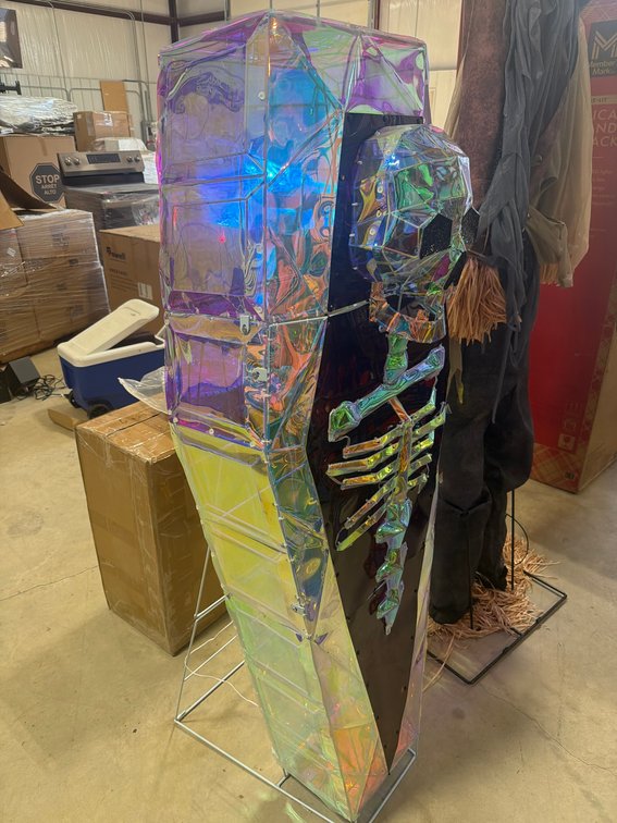 Approx 5’ Tall Iridescent Acrylic Coffin Display With Skeleton Motif and Metal Stand