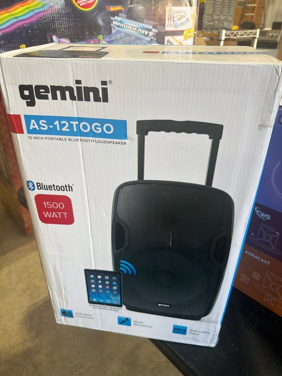 Gemini AS-12TOGO 12-Inch Portable Bluetooth Loudspeaker 1500W FM Radio. New in the box.