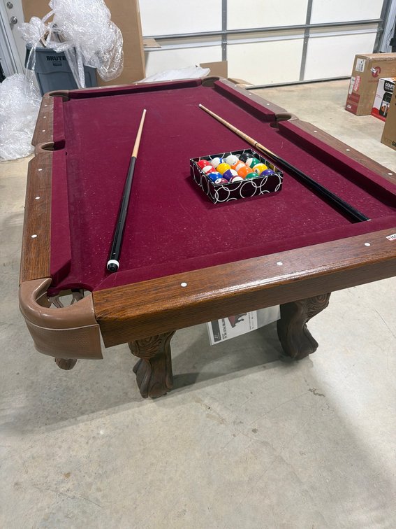Eastpoint Masterson 87” Pool Table With Burgundy Felt, Cues (need tips replaced), and Full Set of Pool Balls