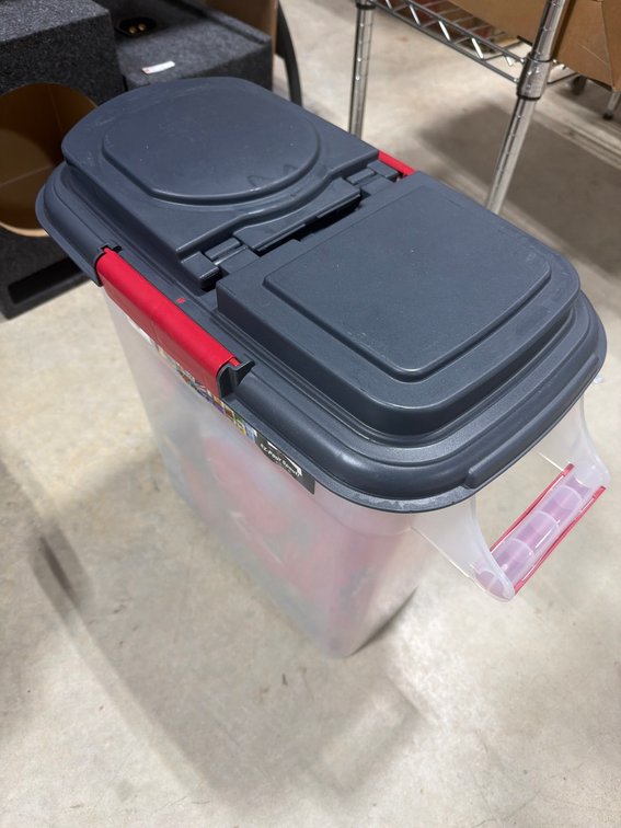 Large Plastic Storage Bin with Gray Flip-Top Lid and Red Handles, 14 Inch Height