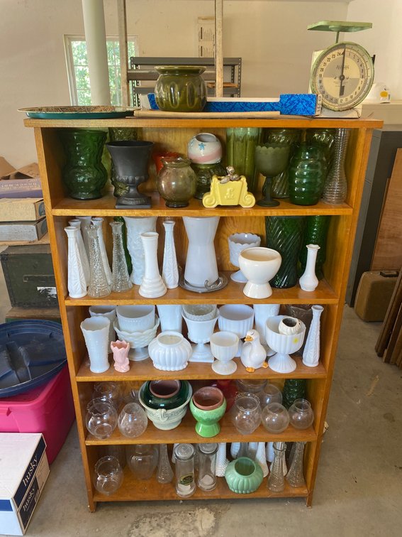 Wooden Shelf with Assorted Glassware Collection