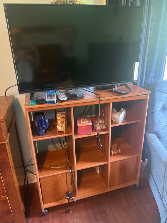 Wooden Shelf with Visio HD TV and Contents