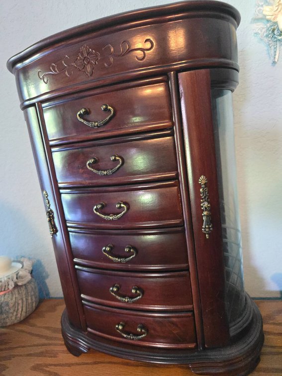 Wooden Jewelry Armoire with Glass Door and Six Drawers