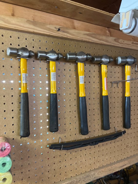 Five Ball Peen Hammers with Yellow and Black Handles