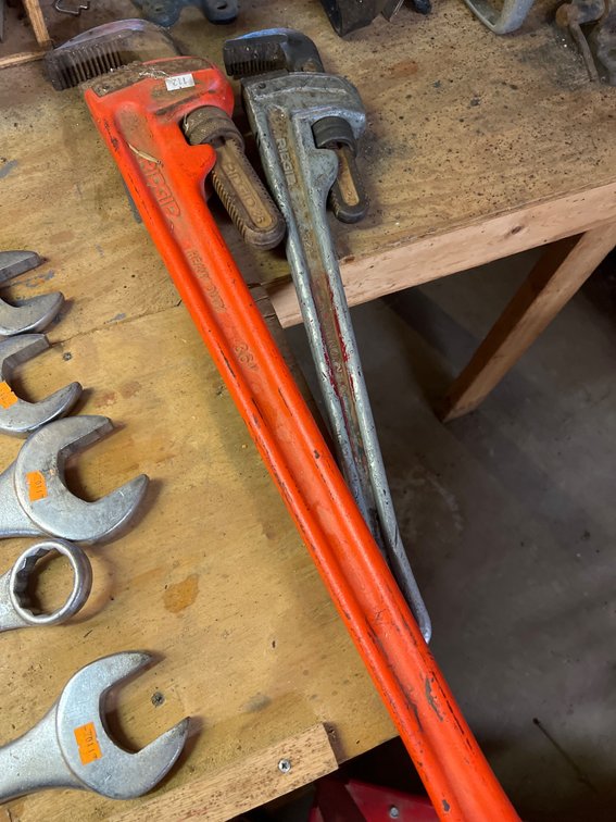 Two Ridgid Heavy-Duty Pipe Wrenches and Assorted Wrenches