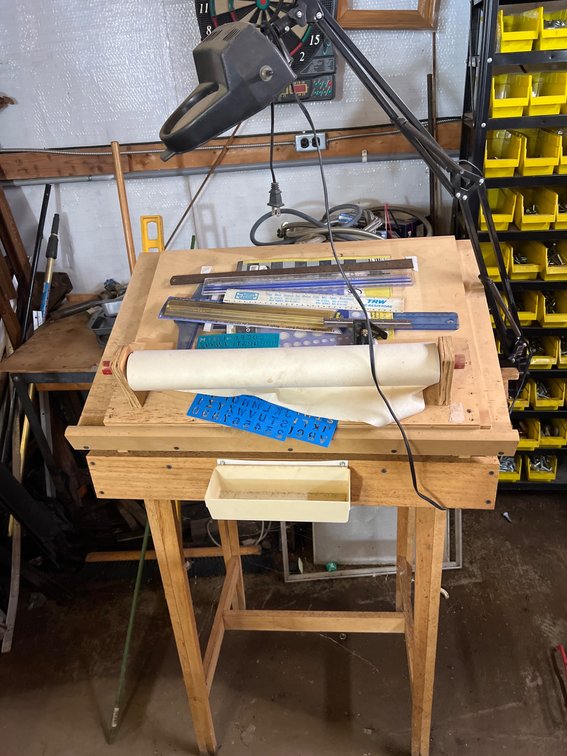 Wooden Drafting Table With Accessories and Lamp
