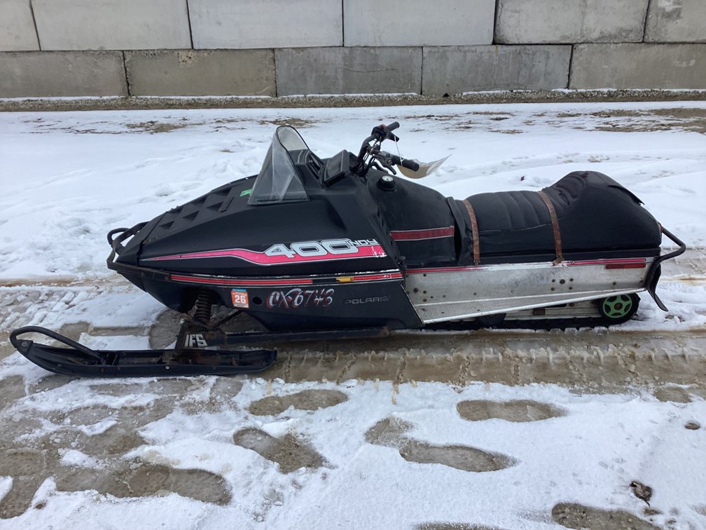 1985 Polaris Indy 400 w/ 500 motor snowmobile, started, shows 10,681 miles, bill of sale.