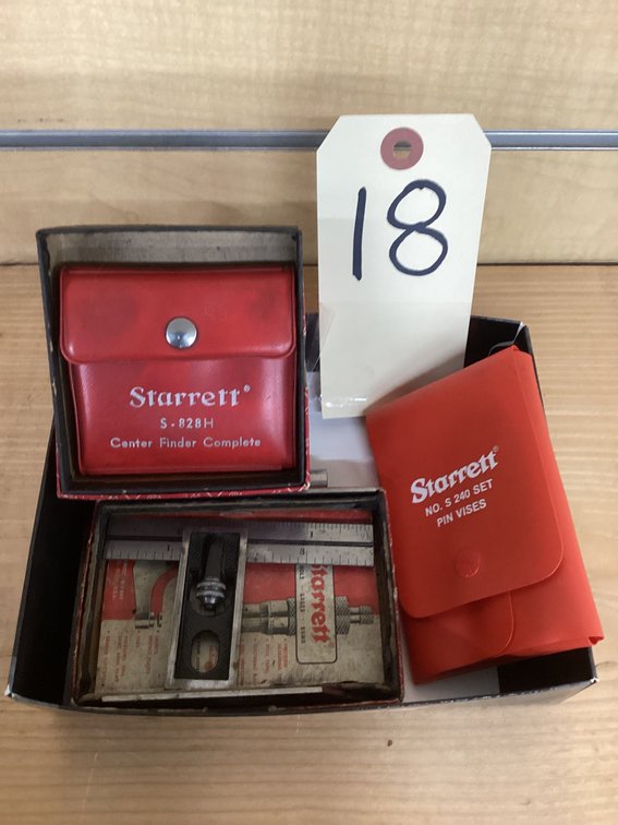 Lot Starrett center finder, pin vices, square.