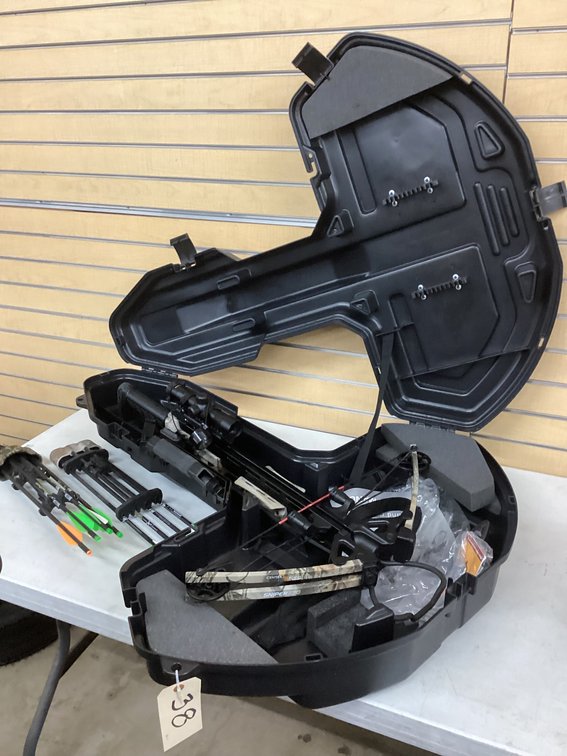 Center Point Sniper 370 crossbow w/ scope, case, (2) quivers, and (8) bolts.
