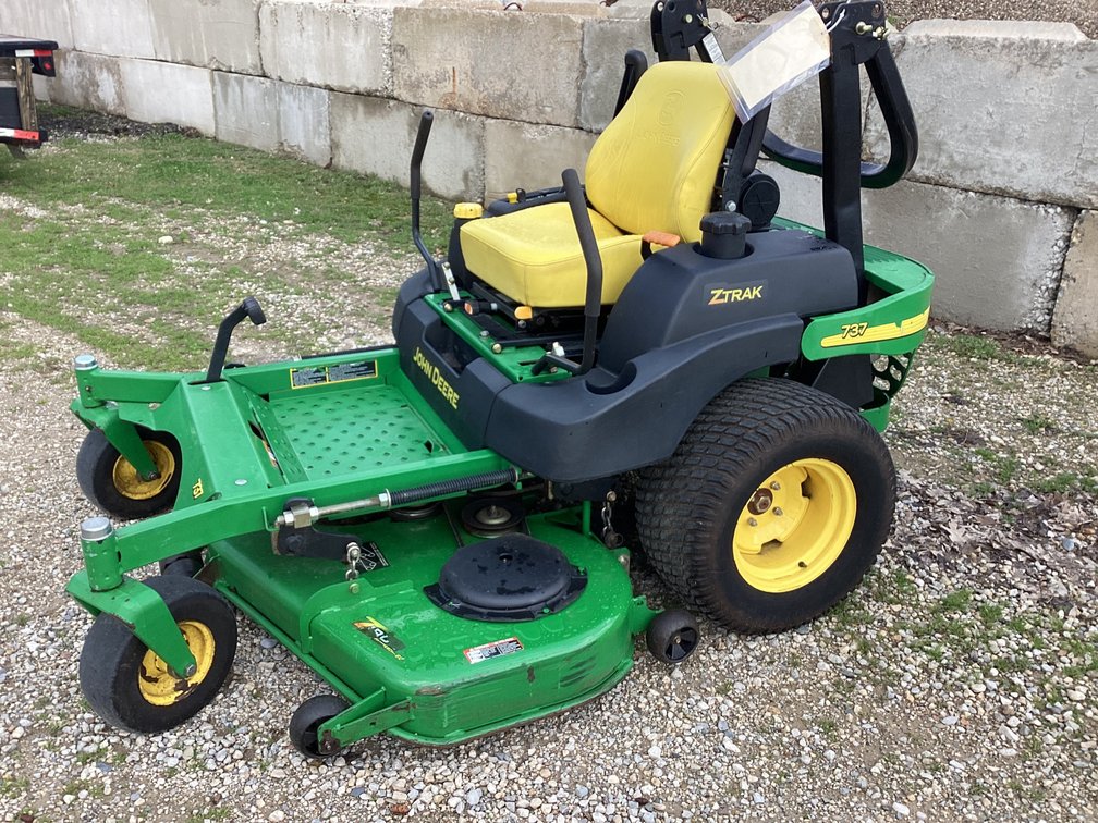 John Deere 737 23hp zero turn lawn mower, started, shows 831 hours, bill of sale.