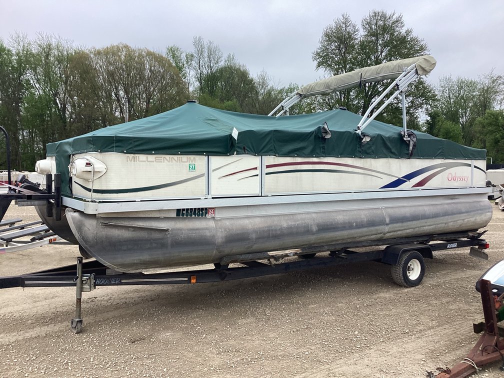 2004 Odyssey 20’ 11” pontoon, 25hp four stroke Nissan, started. 2004 Hoosier 22’ trailer, 2002 Starr Industries lift.