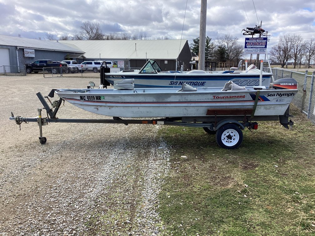 1988 Sea Nymph fishing boat w/ 8hp Mariner, started, registration for boat, title for trailer