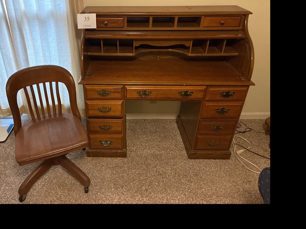 Antique Rolltop Wooden Desk with Rolling Chair 50x22x47