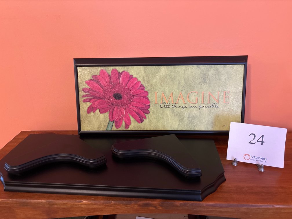 FRAMED WALL ART AND BLACK SHELF