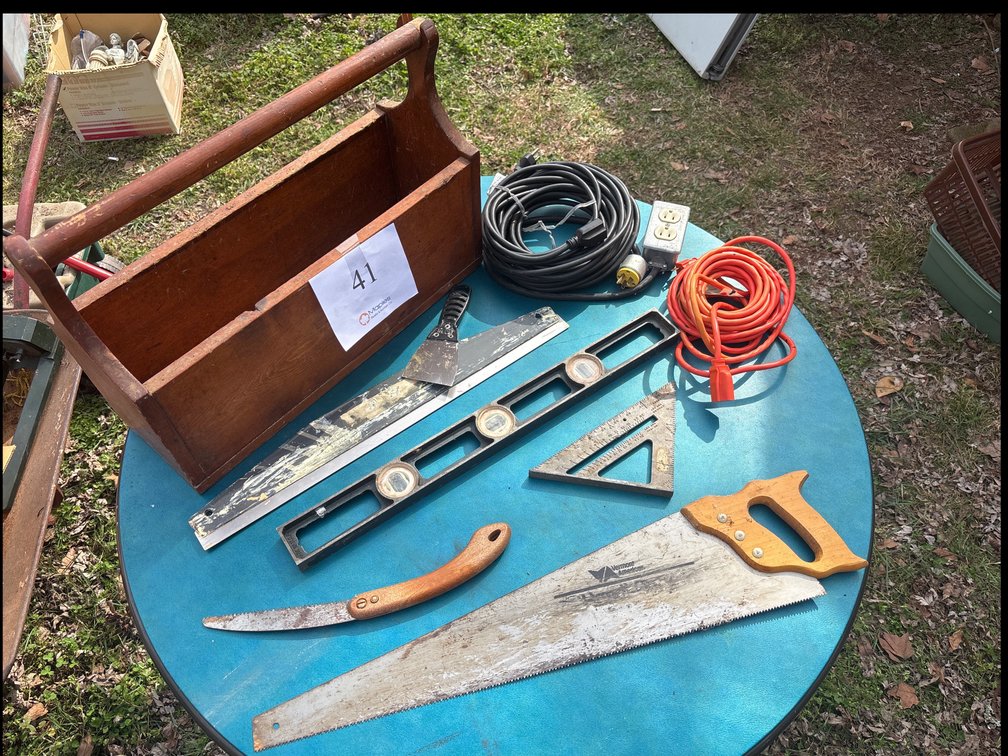 WOODEN CARPENTERS TOOL BOX, EXTENSION CORDS, LEVEL, COMBO SQUARE, HAND SAWS