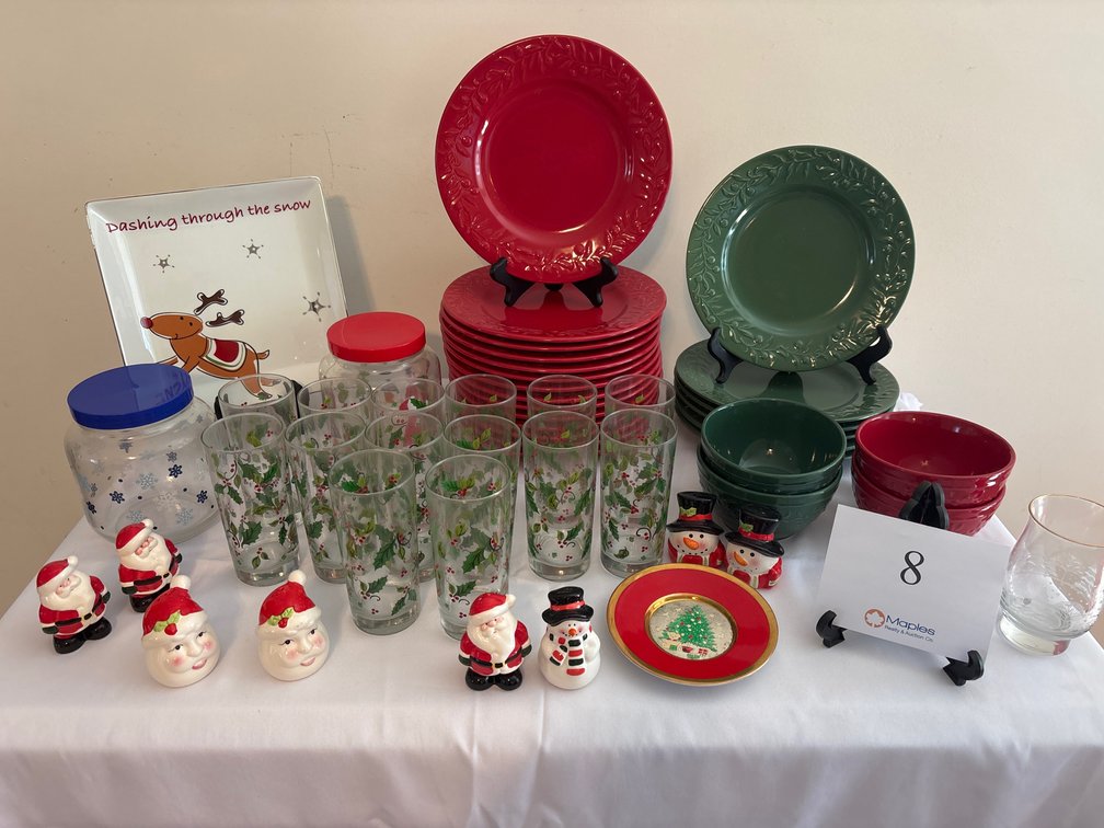 CHRISTMAS DISHES,  SALT AND PEPPER SHAKERS, SERVING DISH,  AND  CANISTERS