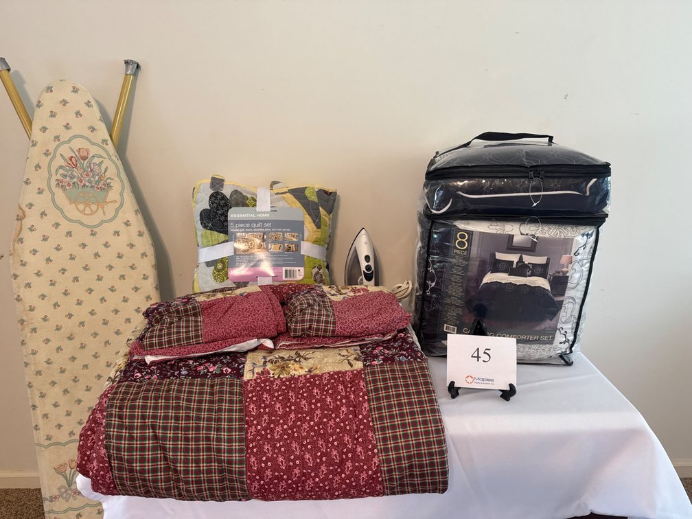 QUILTS, IRONING BOARD, IRON