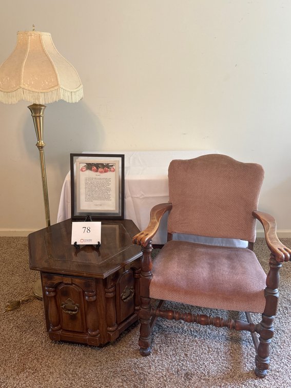 CHAIR, HEXAGON SIDE TABLE, FLOOR LAMP, PICTURE