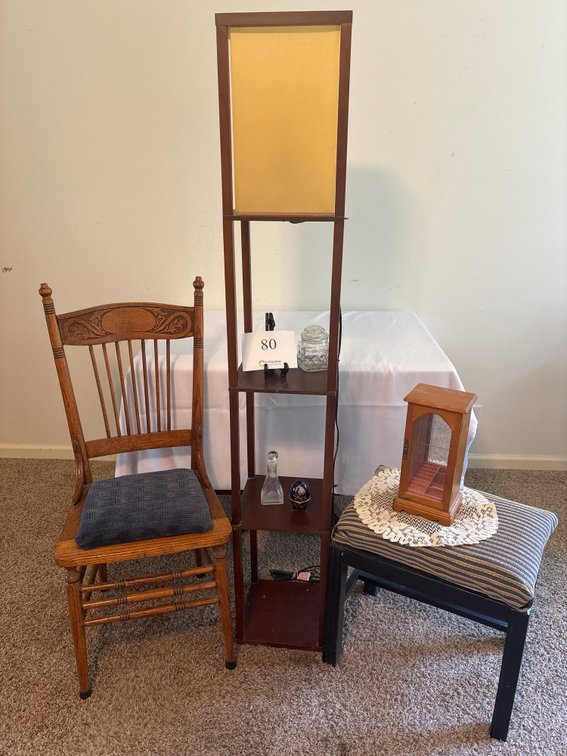 FLOOR LAMP, CHAIR, STOOL, JEWELRY BOX, NIK NAKS