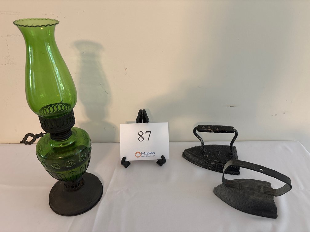 VINTAGE OIL LAMP AND IRONS