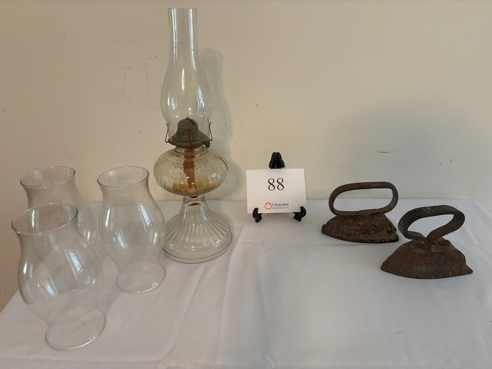 VINTAGE OIL LAMP,  HURRICANE SHADES, AND IRONS