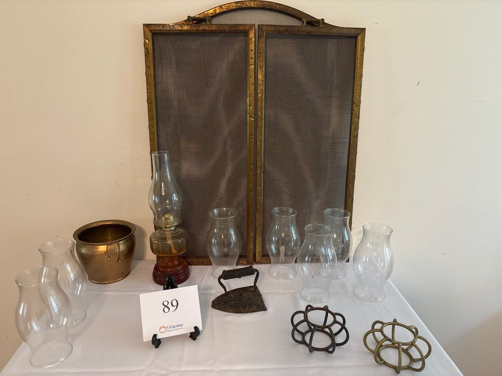 VINTAGE OIL LAMP, HURRICANE SHADES, FIREPLACE SCREEN, CANDLE HOLDERS AND BRASS LIKE VASE